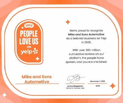 Yelp Certificate | Mike and Sons Automotive, Inc.